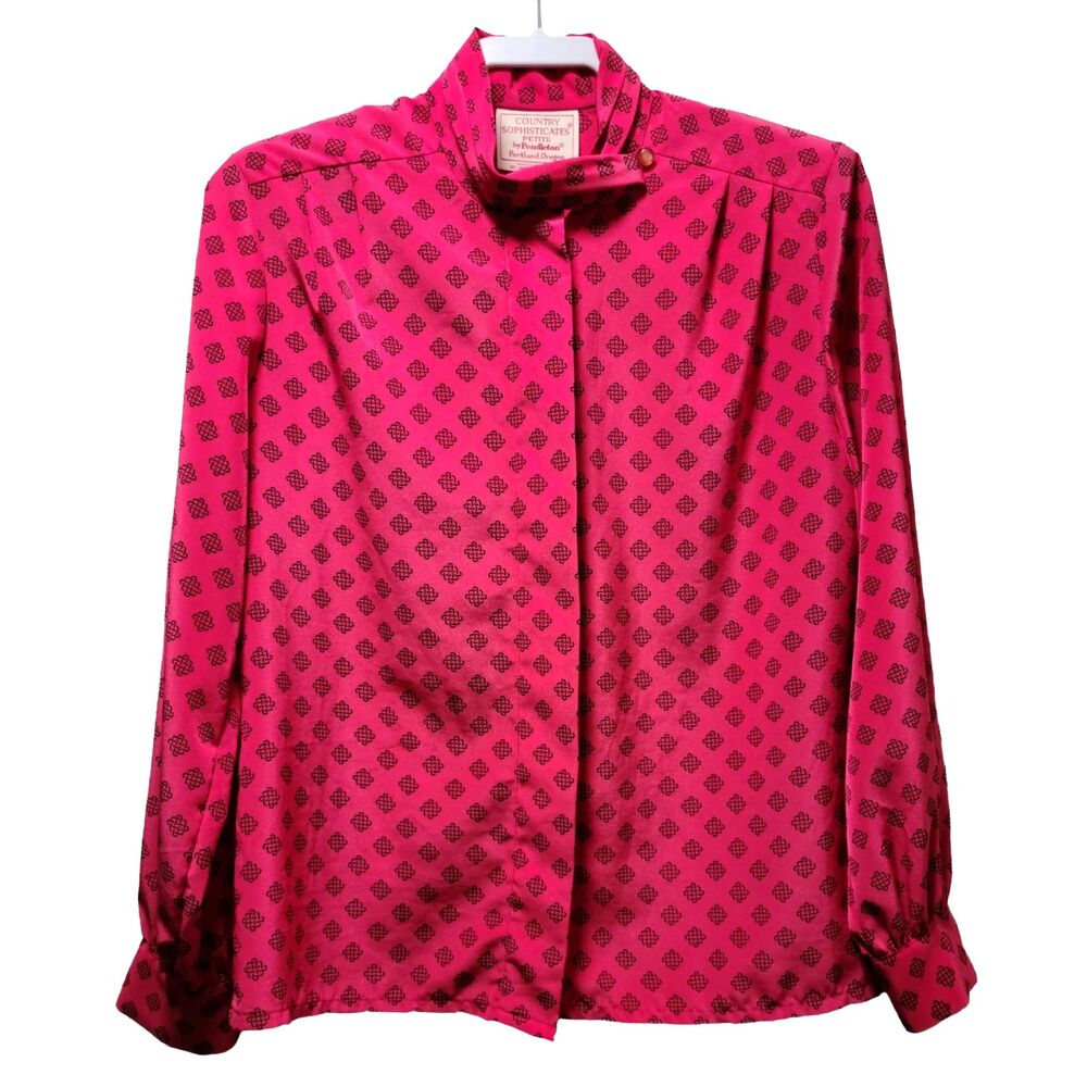 VTG Pendleton Mock Neck Blouse Pink Black Geometric Knot Print 10P